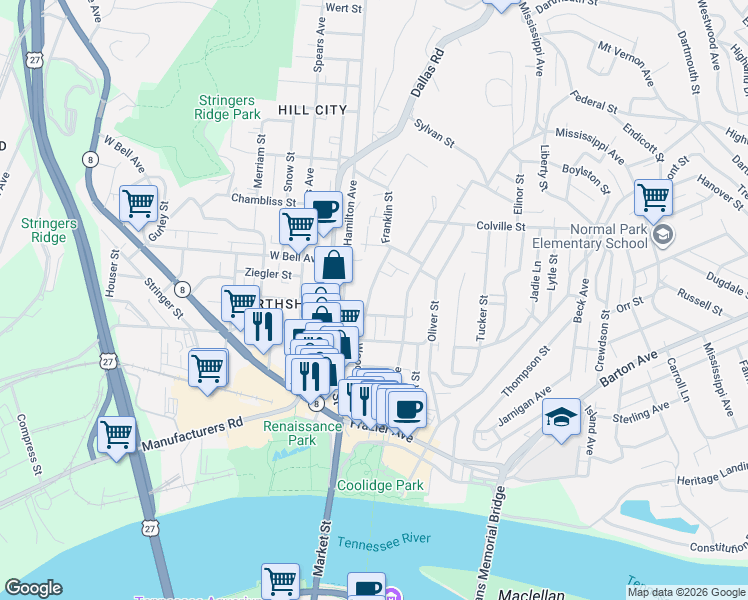 map of restaurants, bars, coffee shops, grocery stores, and more near 512 Woodland Avenue in Chattanooga