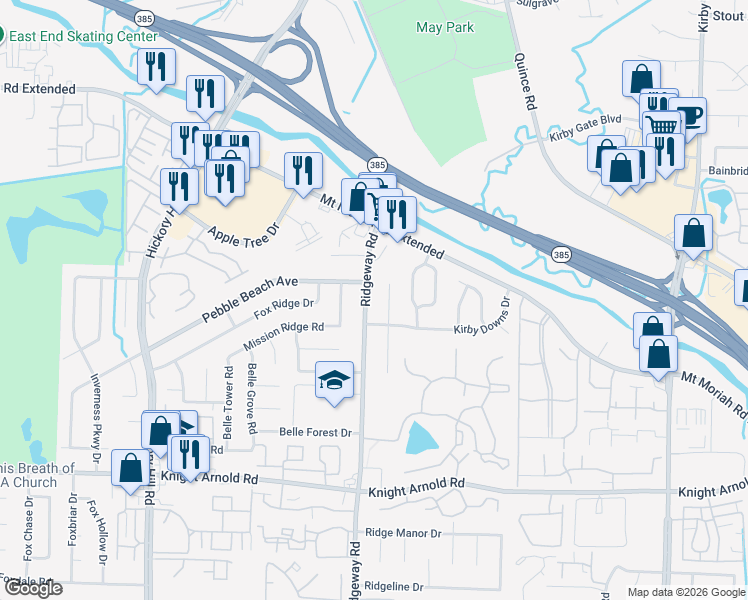 map of restaurants, bars, coffee shops, grocery stores, and more near 2999 Kirby M'Liss Cove in Memphis