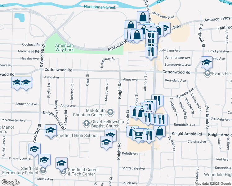 map of restaurants, bars, coffee shops, grocery stores, and more near 3002 Meadows Lane in Memphis