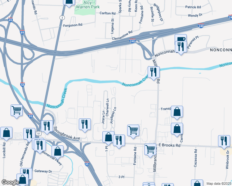 map of restaurants, bars, coffee shops, grocery stores, and more near 2977 East Josibpet Circle in Memphis