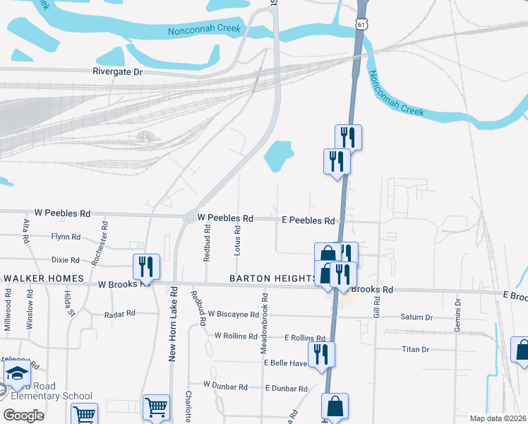 map of restaurants, bars, coffee shops, grocery stores, and more near 28 East Peebles Road in Memphis