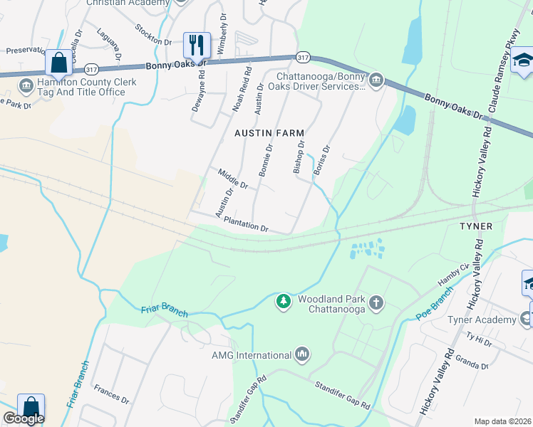 map of restaurants, bars, coffee shops, grocery stores, and more near 7504 Bonnie Drive in Chattanooga