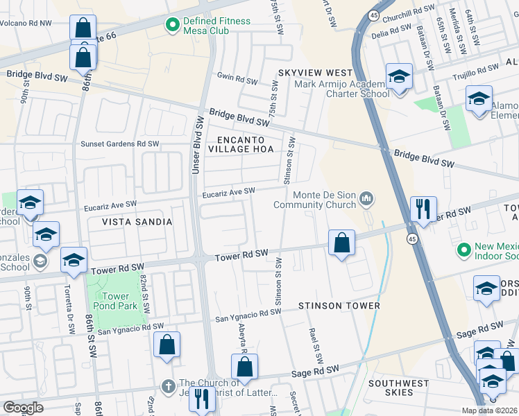 map of restaurants, bars, coffee shops, grocery stores, and more near 1038 75th Street Southwest in Albuquerque