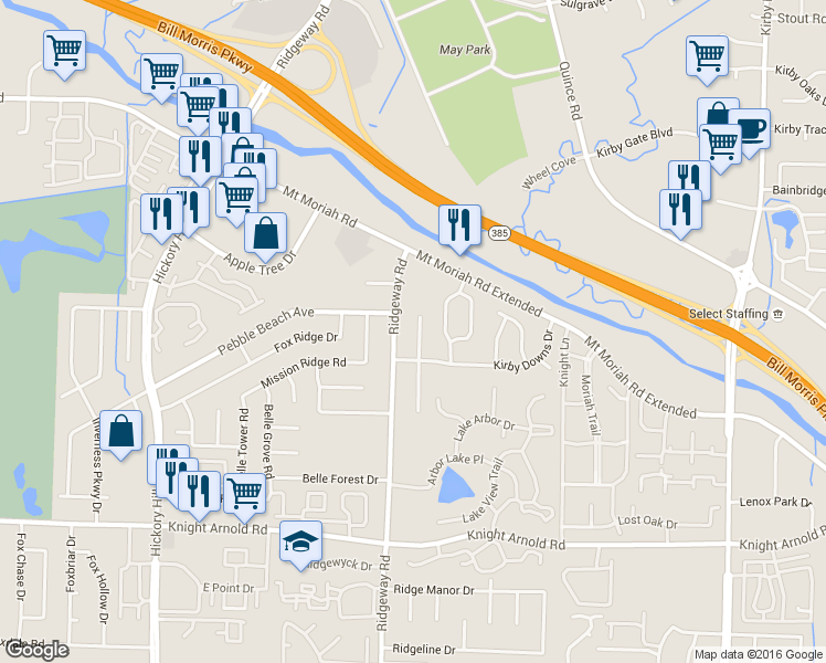 map of restaurants, bars, coffee shops, grocery stores, and more near 2999 Kirby M'Liss Cove in Memphis