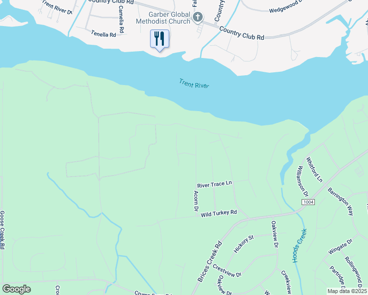 map of restaurants, bars, coffee shops, grocery stores, and more near 102 Pheasant Drive in New Bern