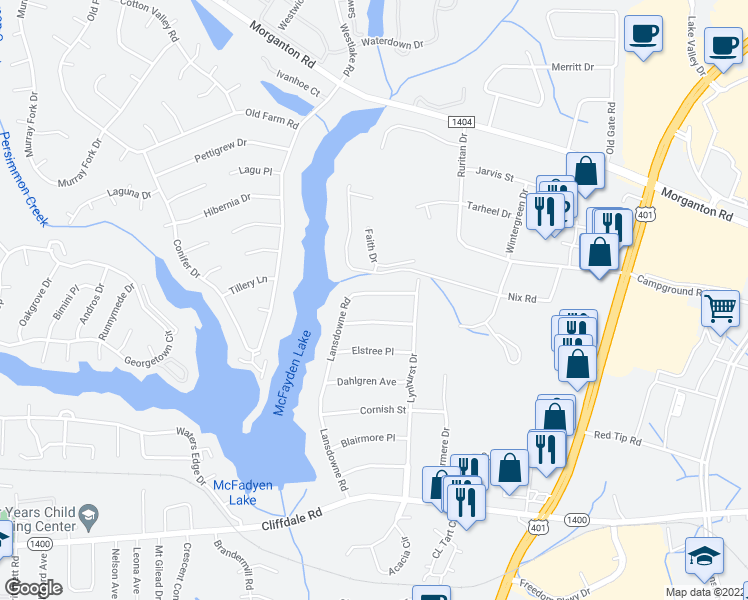 map of restaurants, bars, coffee shops, grocery stores, and more near 229 Lansdowne Road in Fayetteville