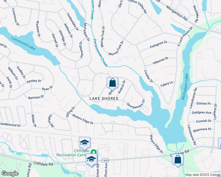 map of restaurants, bars, coffee shops, grocery stores, and more near 5628 Bimini Place in Fayetteville