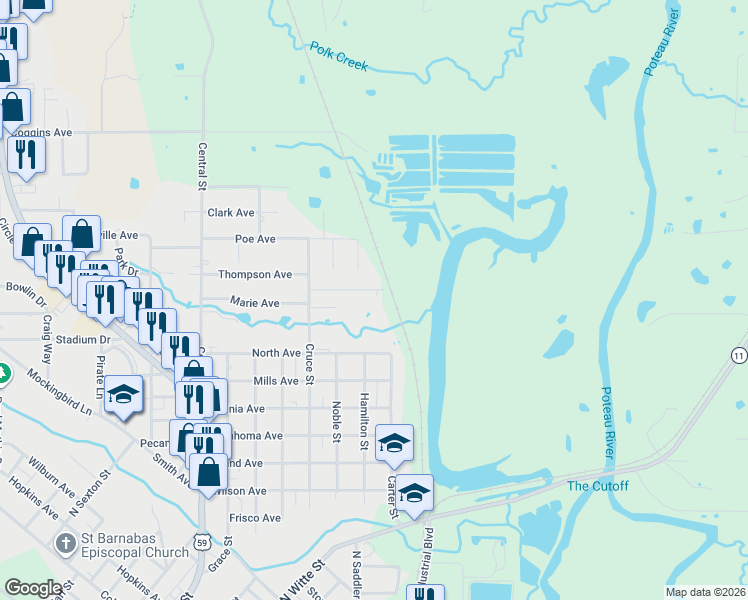 map of restaurants, bars, coffee shops, grocery stores, and more near 114 Winridge Road in Poteau