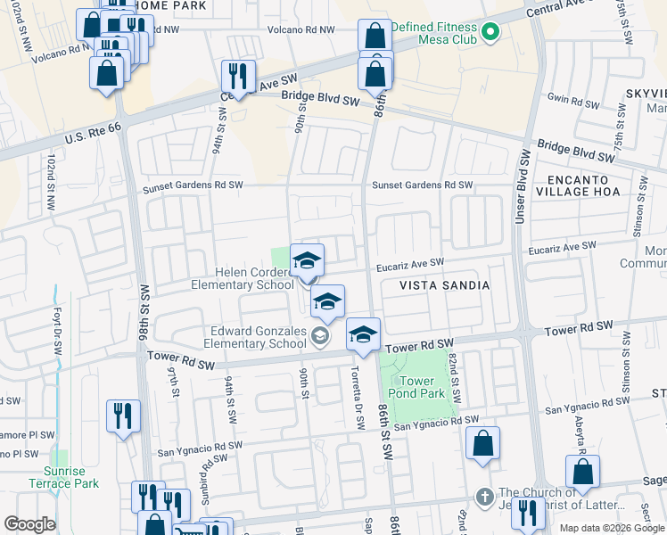 map of restaurants, bars, coffee shops, grocery stores, and more near 8828 Round Rock Road Southwest in Albuquerque