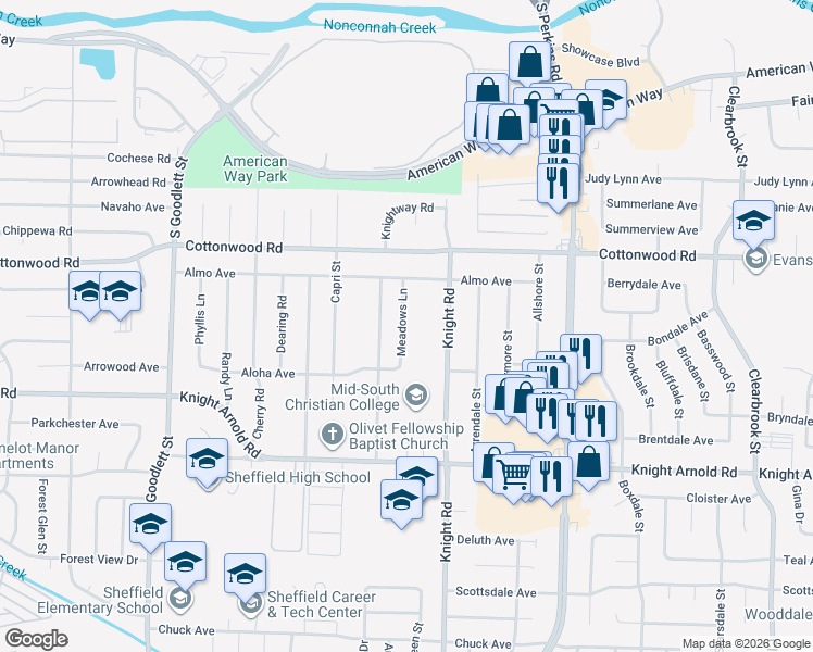 map of restaurants, bars, coffee shops, grocery stores, and more near 3002 Meadows Lane in Memphis