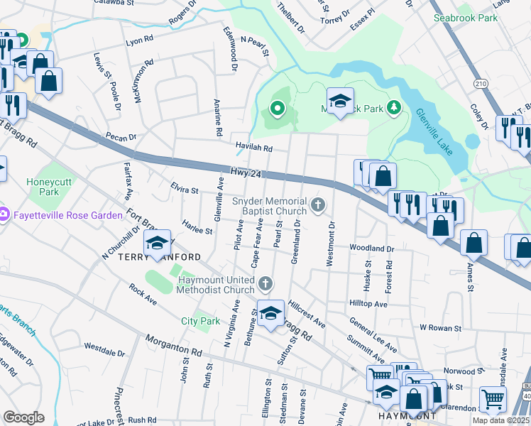 map of restaurants, bars, coffee shops, grocery stores, and more near 606 Cape Fear Avenue in Fayetteville