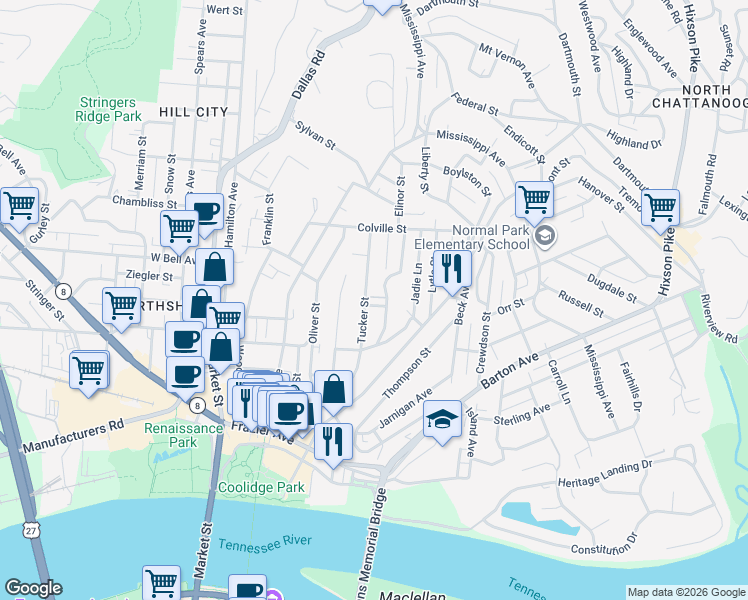 map of restaurants, bars, coffee shops, grocery stores, and more near 517 Colby Street in Chattanooga
