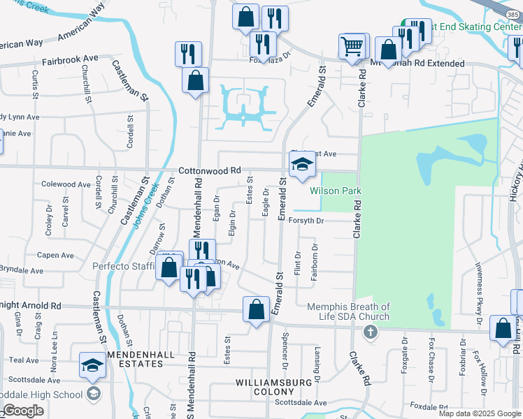 map of restaurants, bars, coffee shops, grocery stores, and more near 2993 Eagle Drive in Memphis