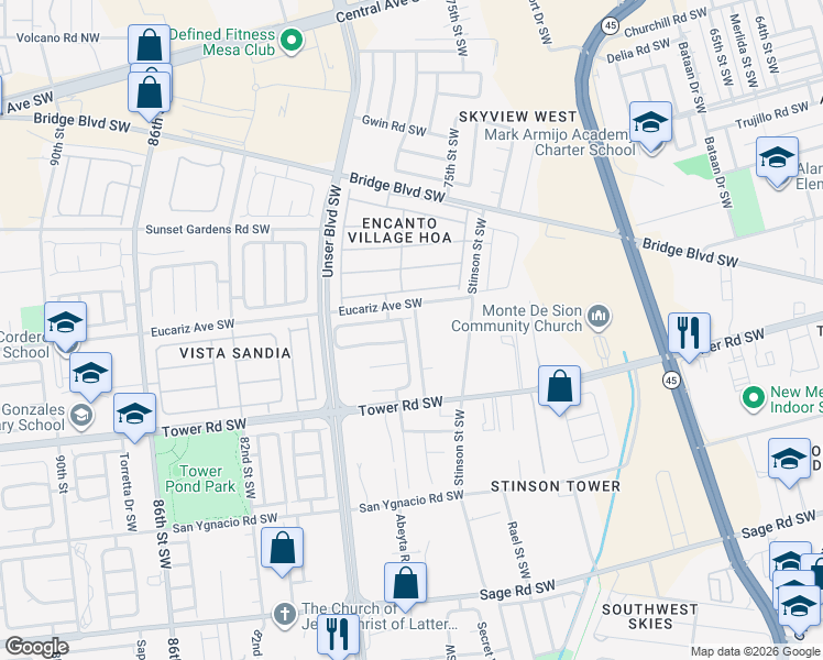 map of restaurants, bars, coffee shops, grocery stores, and more near 608 Cottontail Street Southwest in Albuquerque