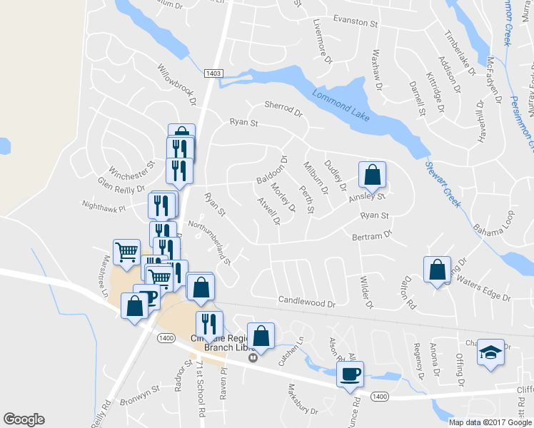 map of restaurants, bars, coffee shops, grocery stores, and more near 414 Atwell Drive in Fayetteville