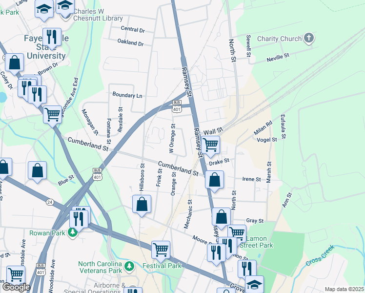 map of restaurants, bars, coffee shops, grocery stores, and more near 825 East Orange Street in Fayetteville