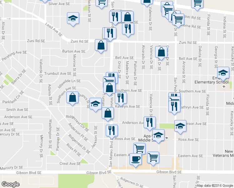 map of restaurants, bars, coffee shops, grocery stores, and more near 909 Ortiz Drive Southeast in Albuquerque