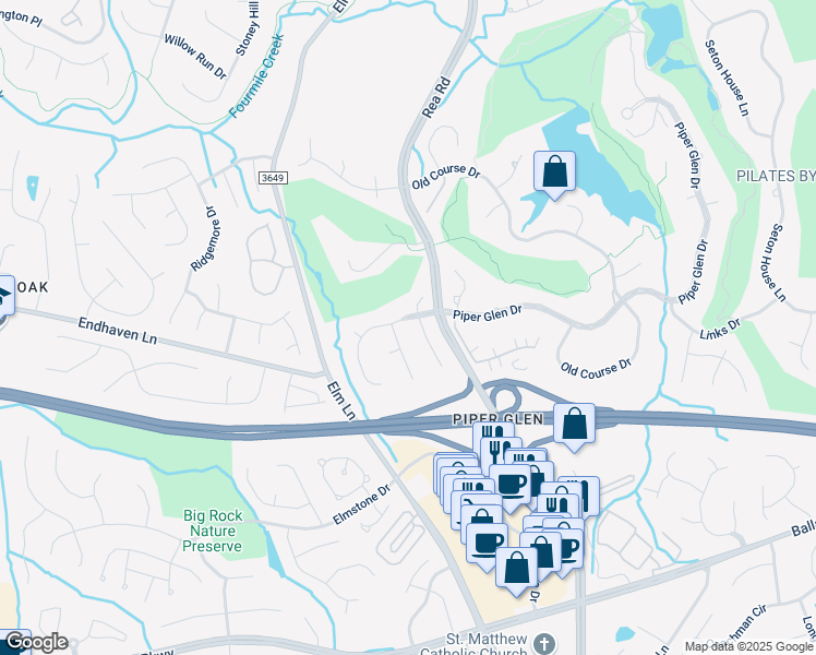 map of restaurants, bars, coffee shops, grocery stores, and more near 5319 Piper Glen Drive in Charlotte
