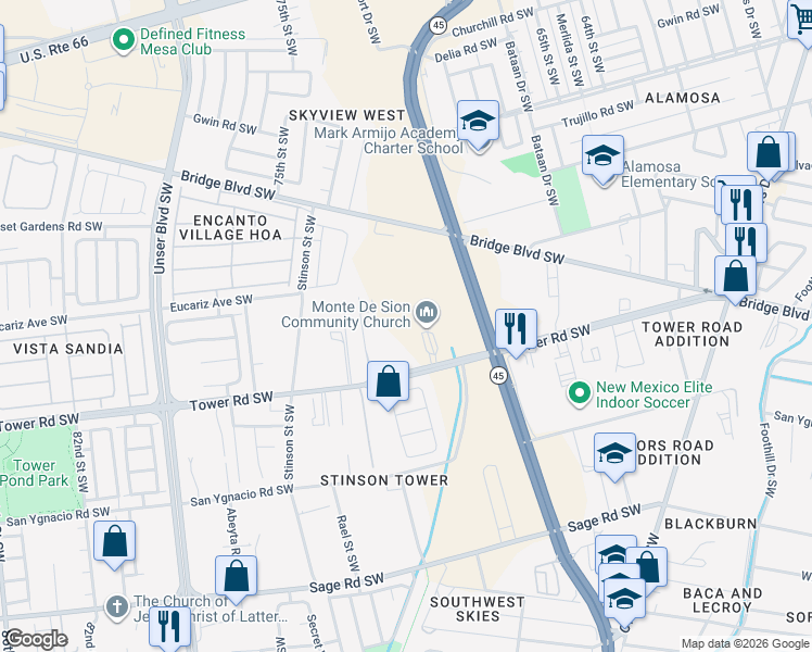 map of restaurants, bars, coffee shops, grocery stores, and more near 3525 Tower Road Southwest in Albuquerque