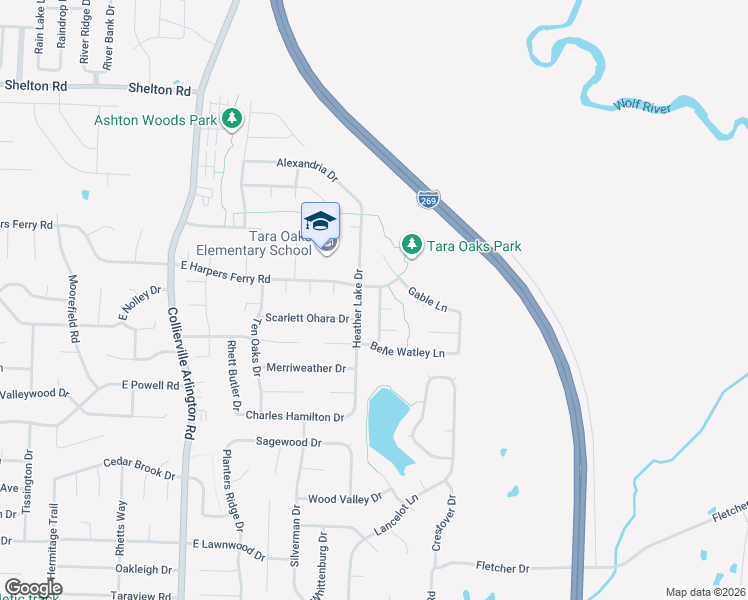 map of restaurants, bars, coffee shops, grocery stores, and more near 997 Tara Woods Drive in Collierville