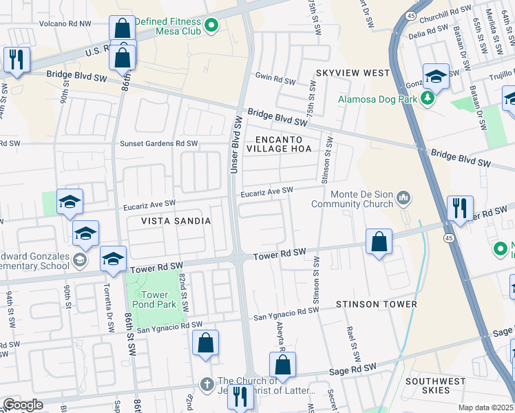 map of restaurants, bars, coffee shops, grocery stores, and more near 7724 Crepe Myrtle Road Southwest in Albuquerque