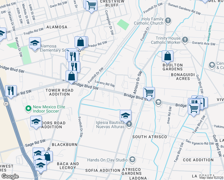 map of restaurants, bars, coffee shops, grocery stores, and more near 2603 Bridge Boulevard Southwest in Albuquerque