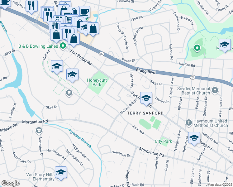 map of restaurants, bars, coffee shops, grocery stores, and more near 2510 McNeill Circle in Fayetteville