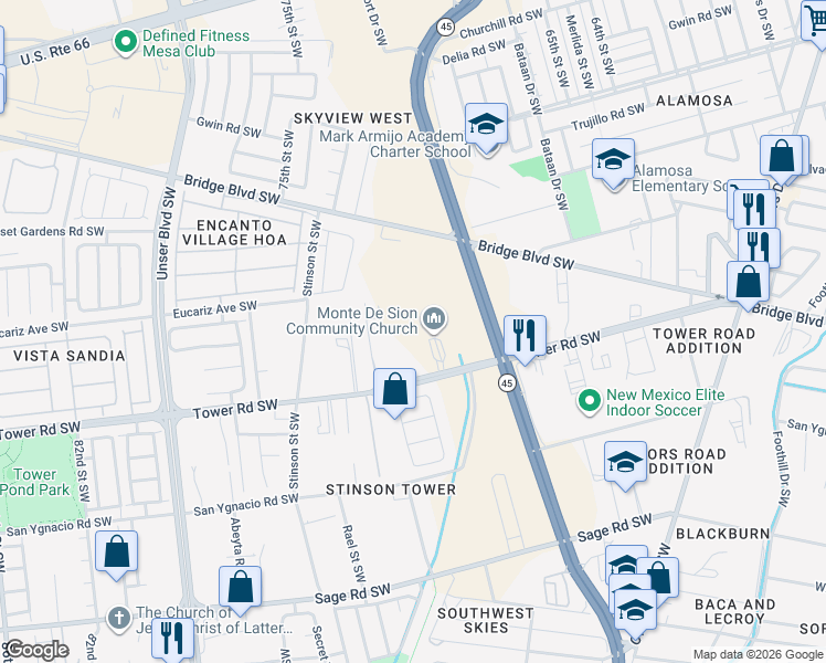 map of restaurants, bars, coffee shops, grocery stores, and more near 3525 Tower Road Southwest in Albuquerque