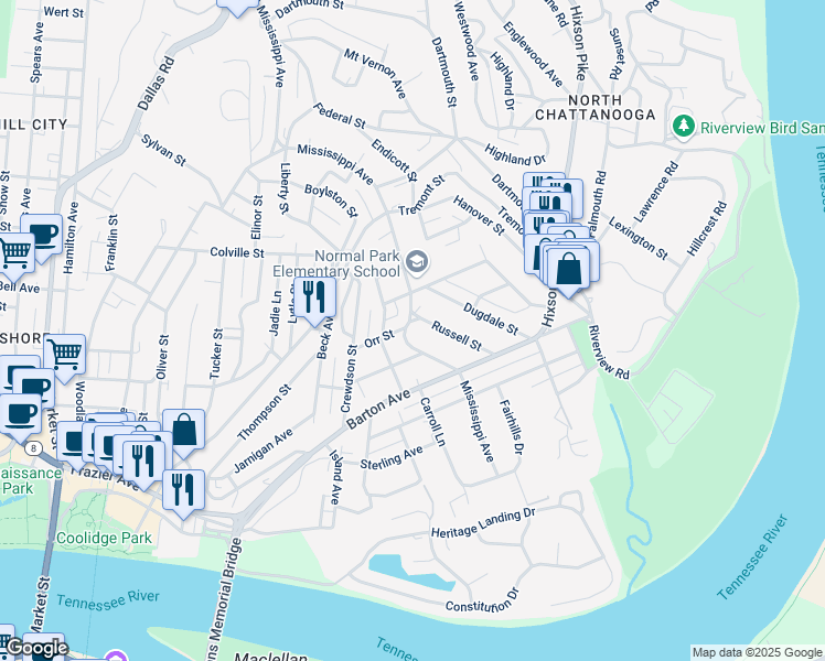 map of restaurants, bars, coffee shops, grocery stores, and more near 1185 Mississippi Avenue in Chattanooga