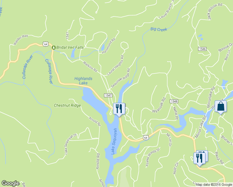 map of restaurants, bars, coffee shops, grocery stores, and more near 329 Sequoyah Drive in Highlands