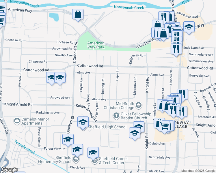 map of restaurants, bars, coffee shops, grocery stores, and more near 2999 Danville Road in Memphis