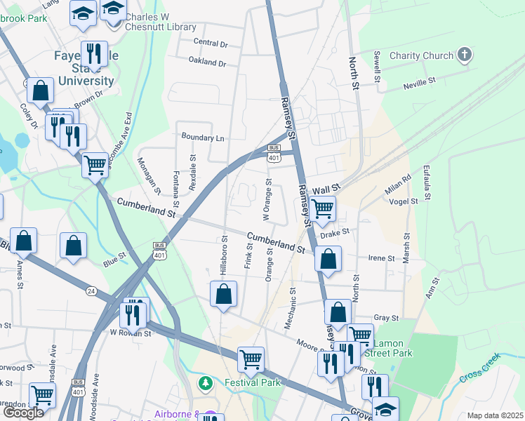map of restaurants, bars, coffee shops, grocery stores, and more near 880 West Orange Street in Fayetteville