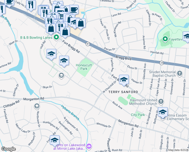 map of restaurants, bars, coffee shops, grocery stores, and more near 2510 McNeill Circle in Fayetteville