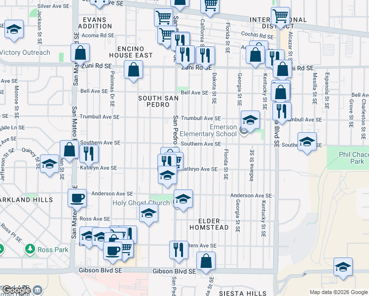 map of restaurants, bars, coffee shops, grocery stores, and more near 705 Arizona Street Southeast in Albuquerque