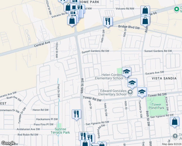 map of restaurants, bars, coffee shops, grocery stores, and more near 472 Ridge Stone Drive Southwest in Albuquerque