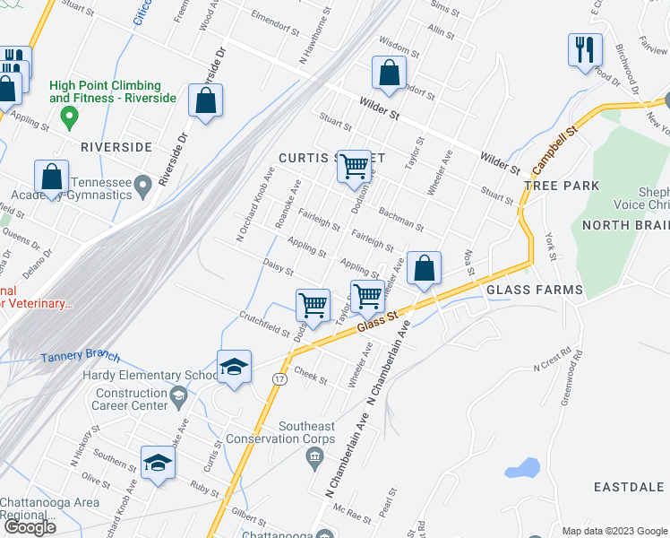 map of restaurants, bars, coffee shops, grocery stores, and more near 2510 Dodson Avenue in Chattanooga