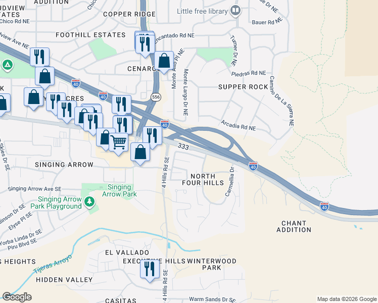 map of restaurants, bars, coffee shops, grocery stores, and more near 13611 Covered Wagon Avenue Southeast in Albuquerque