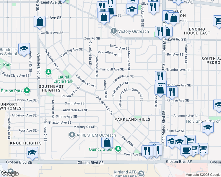 map of restaurants, bars, coffee shops, grocery stores, and more near 4600 Idlewilde Lane Southeast in Albuquerque
