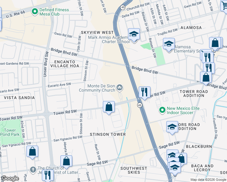 map of restaurants, bars, coffee shops, grocery stores, and more near 3525 Tower Road Southwest in Albuquerque
