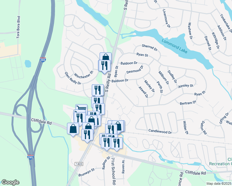 map of restaurants, bars, coffee shops, grocery stores, and more near 415 Kirkcaldy Court in Fayetteville