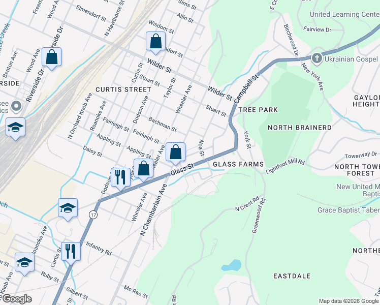 map of restaurants, bars, coffee shops, grocery stores, and more near 2619 Andrews Street in Chattanooga
