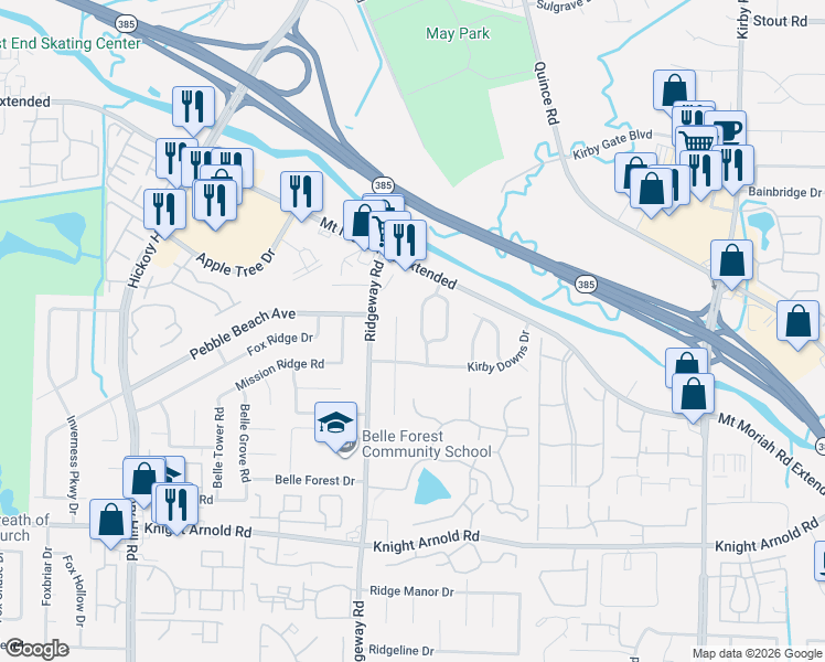 map of restaurants, bars, coffee shops, grocery stores, and more near 2994 Charlestowne Place in Memphis