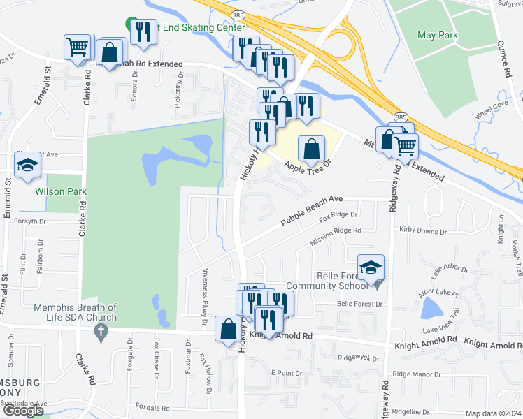 map of restaurants, bars, coffee shops, grocery stores, and more near 2990 Hickory Hill Road in Memphis