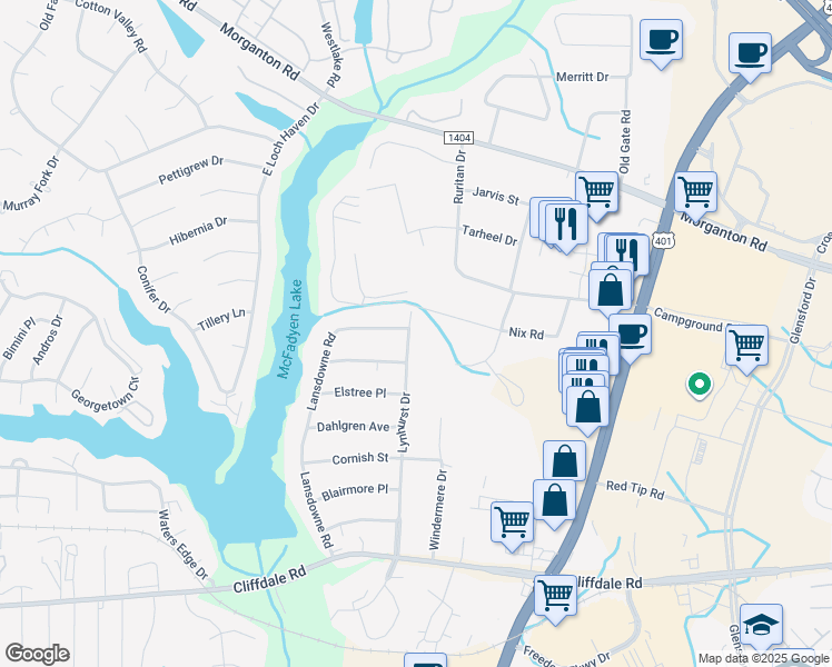 map of restaurants, bars, coffee shops, grocery stores, and more near 309 Lynhurst Drive in Fayetteville