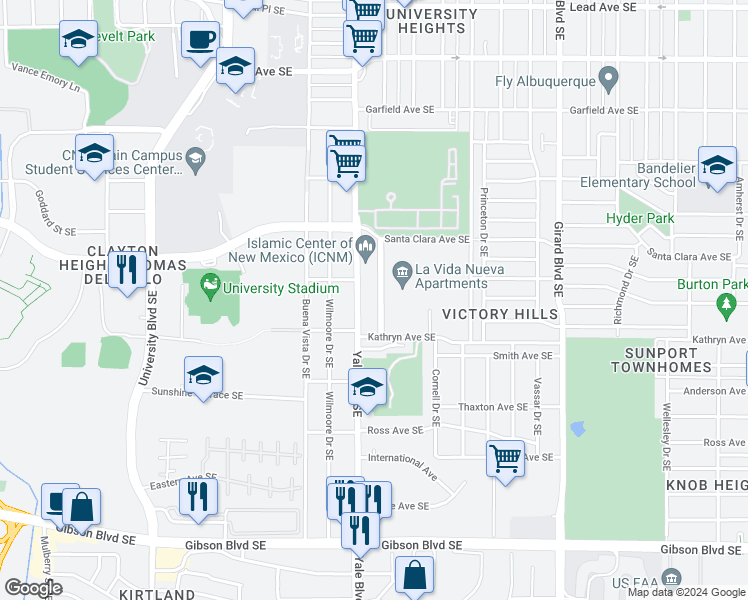map of restaurants, bars, coffee shops, grocery stores, and more near 1209 Dickerson Drive Southeast in Albuquerque