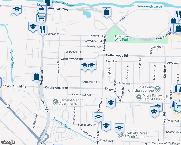 map of restaurants, bars, coffee shops, grocery stores, and more near 3001 South Goodlett Street in Memphis