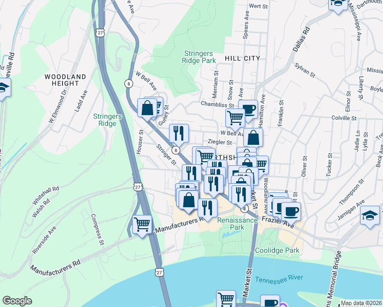 map of restaurants, bars, coffee shops, grocery stores, and more near 411 Fairpoint Street in Chattanooga