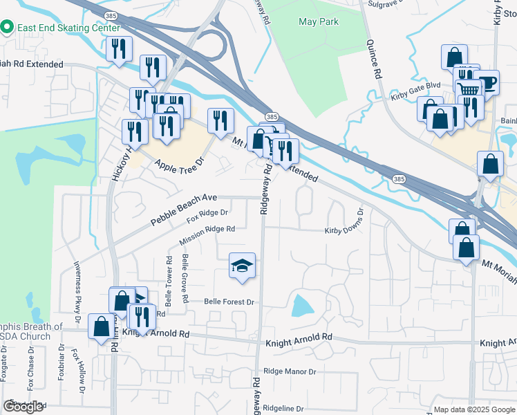 map of restaurants, bars, coffee shops, grocery stores, and more near 2993 Ridgeway Road in Memphis