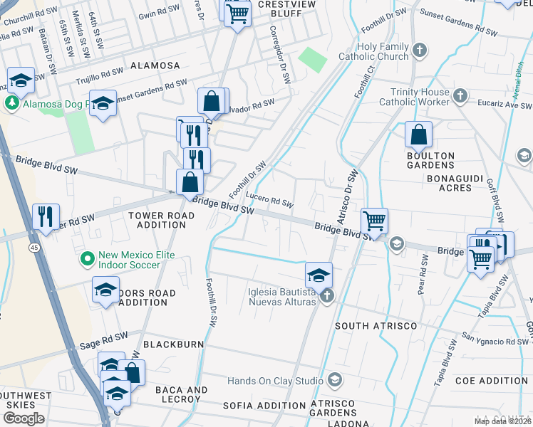 map of restaurants, bars, coffee shops, grocery stores, and more near Bridge Boulevard Southwest in Albuquerque