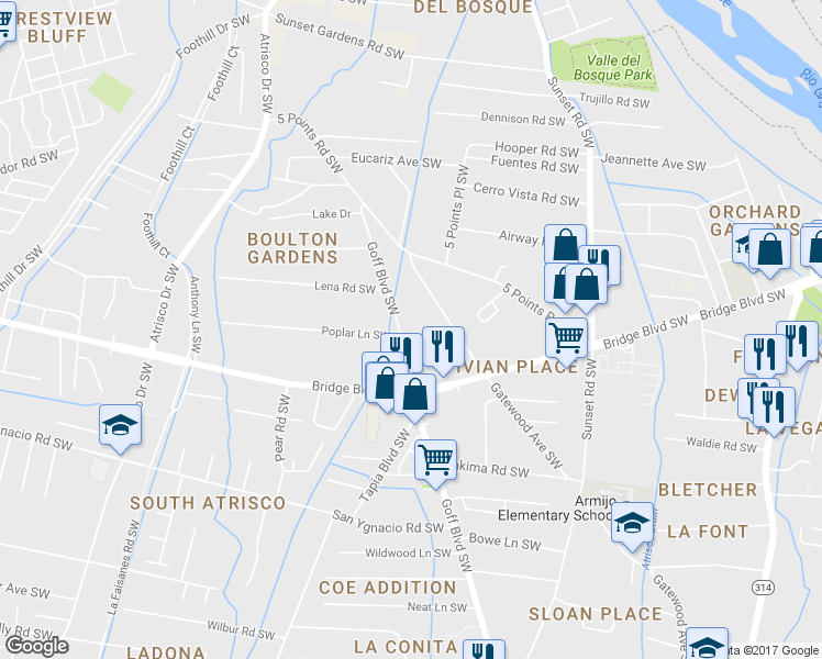 map of restaurants, bars, coffee shops, grocery stores, and more near 902 Goff Boulevard Southwest in Albuquerque